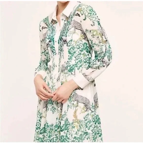 Maeve Anthropologie Shirt Dress 0 Cream Leopard Botanical Pintuck Ria Jungle - Picture 1 of 9